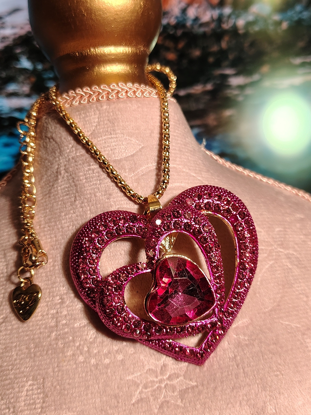 Betsey Johnson Gold-Tone Necklace with Fuchsia Pink Crystal Heart Pendant